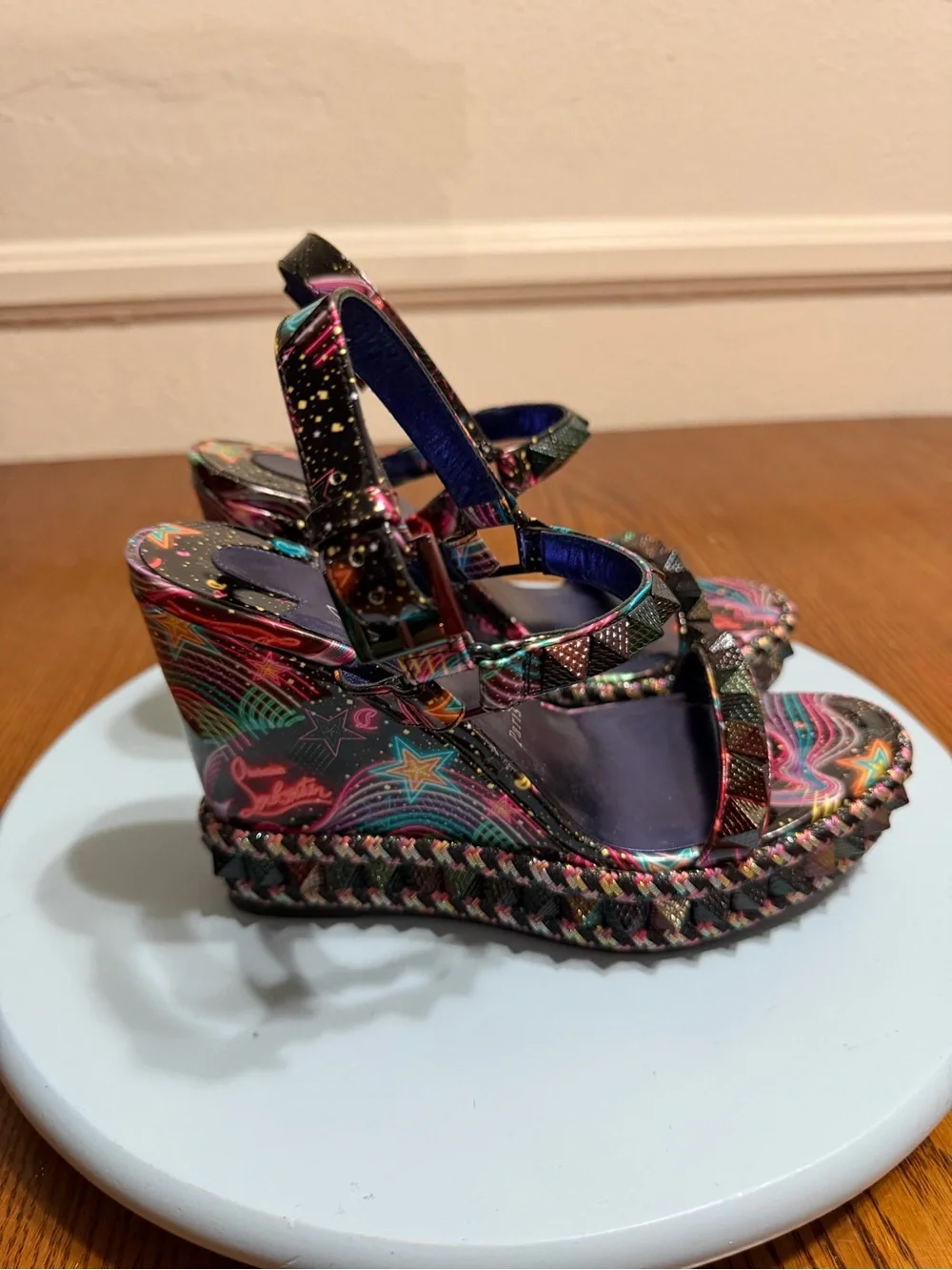 Christian Louboutin Black Multicolor Embellished Platform Wedge Sandals